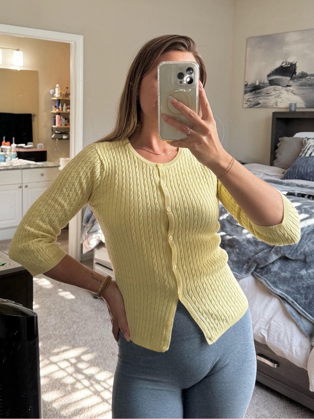 Vintage Butter Yellow Cable Knit Cardigan XS Coastal Granddaughter Y2K Sweater - Picture 3 of 5